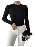 Verdusa Women's Mock Neck Pearl Sweaters Ruffle Trim Long Sleeve Slim Fit Pullovers Old Money Clothes Black Medium