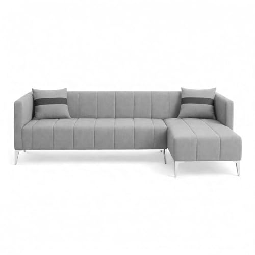 Image of Solomon Luxe Velvet-Suede Fabric 5 Seater RHS L Shape Sofa | Comfortable & Spacious Seating | Modern Sofa for Living Room - Light Gray