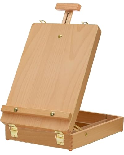 Caballete Pintura - Caballete Mesa de Madera de Haya con Caja de Almacenaje - Para Lienzos hasta 54 cm - Maletín Portátil para Niños, Principiantes y Artistas