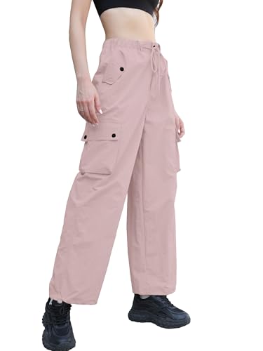 Image of Betusline Girls & Women's High Waist Wide Leg Cargo Pants Y2K Parachute Pants with Pockets and Drawstring 6 Years-Women 2XL