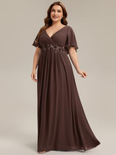 Image of Ever-Pretty Plus Women's Chiffon Plus Size Formal Mother of Bride Dresses | V-Neck, Short Sleeve, Applique, A-Line, Empire Waist, Plus Size Formal Wedding Guest Evening Dresses