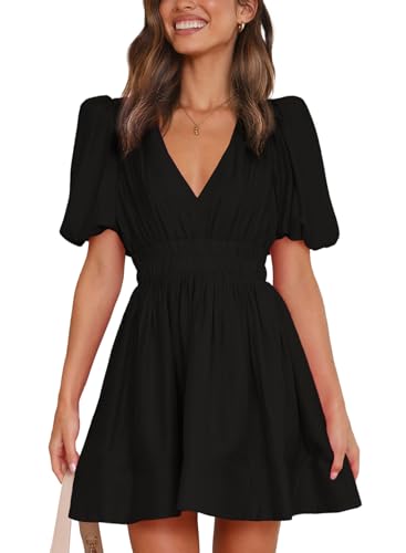 Women Sexy V Neck Mini Dress 2025 Summer Puff Sleeve A Line Elastic High Waist Flowy Swing Dresses