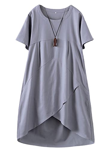 FTCayanz Damen Kleid Sommer Boho Strand Sommerkleid Elegant Leinenkleid Freizeitkleid mit Taschen Grau L