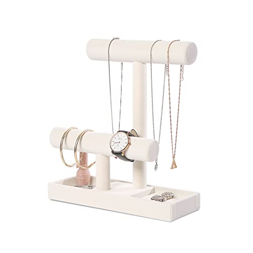 ByKen Multi-Functional 2 Tier Jewelry Holder,Necklace Bracelet Holder with Earrings Rings Tray,Jewelry Organizer Stand for Scrunchie Watches(Beige Velvet)2
