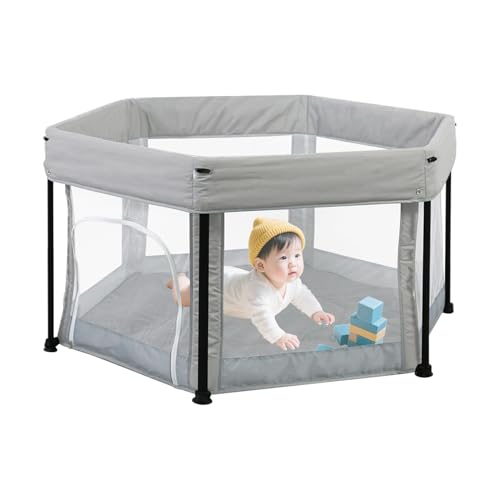 ベビーフェンス マット付き ベビーサークル プレイヤード 軽量 ソフト メッシュ 子供用 安全柵 洗える 六角形 折りたたみ 赤ちゃん 囲い 赤ちゃん柵 対象年齢層3ヵ月から 室内外対応 Baby Playpen 組み立て不要 出産祝い