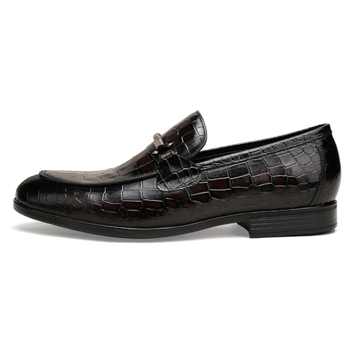 Image of Mens Leather Penny Loafers, Classic Crocodile Printed Business Dress Shoes with Metal Buckle Slip on Penny Shoes for Mens