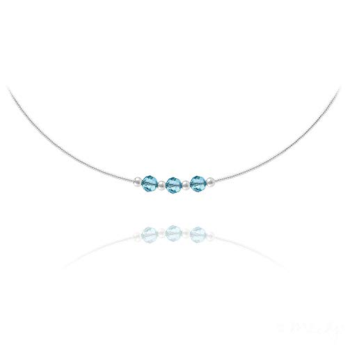 Preisvergleich Produktbild Anne Fuzeau Creation Swarovski Halsreif, 3 rund, Facettenschliff, mit authentischen Swarovski-Kristallen, Sterling-Silber 925 rhodiniert und Blauer Kristall