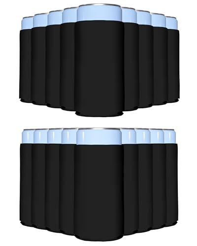 Image of PartyPrints 25 Pack Black Blank Slim Can Cooler Sleeves | Plain Seltzer Customizable Bulk Coolers for Beer Bottles & 12oz Tall Cans | Skinny Collapsible Drink Insulated Sleeve