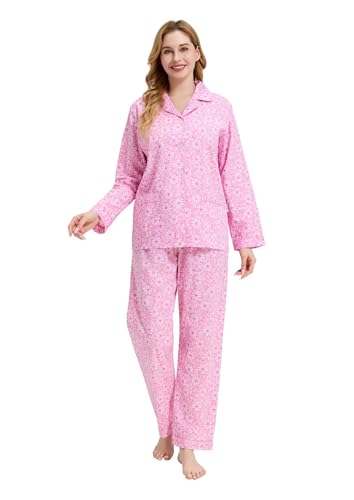 Image of GLOBAL Women Cotton Pajamas Long Sleeve PJs Button Down Sleepwear S-3XL