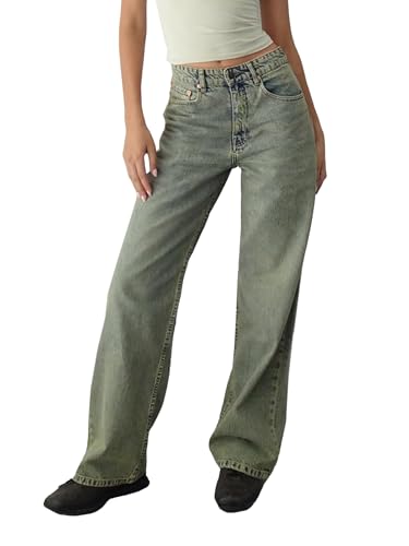 EMMIOL Women's Flare Jeans Y2k 90s Bootcut Mid-Low Rise Vintage Denim Pants Bell Bottoms Large Blue-Green
