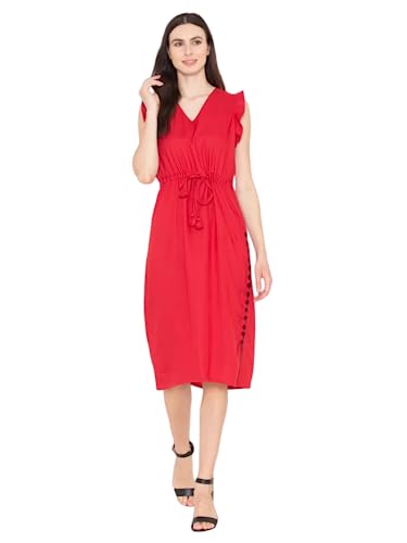 Image of ENTELLUS Western V Neck Inside Belt Red Dress for Women (Size - XS to 6XL)