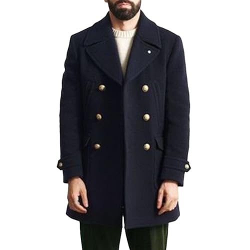 Men Winter Coat Wool Blend Trench Overcoat Lapel Collar Warm