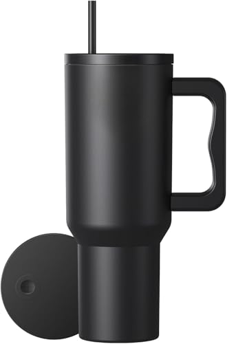 Image of WEZOSHINET 1200ml Stainless Steel Tumbler with Handle & Steel Straw | Double Wall Vacuum Insulated Mug | Spill Proof Lid | Beer & Cold Drink Travel Cup (Black 4th gen)