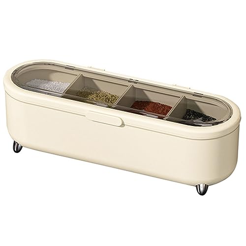 4 Grids Plastic Seasoning Box, Cruet with Cover and Spoon Transparent Condiment Container Spice Pots, Plastic Spice Jar with 4 Serving Spoons, Kitchen Seasoning Box for Chili Salt Sugar Black Pepper