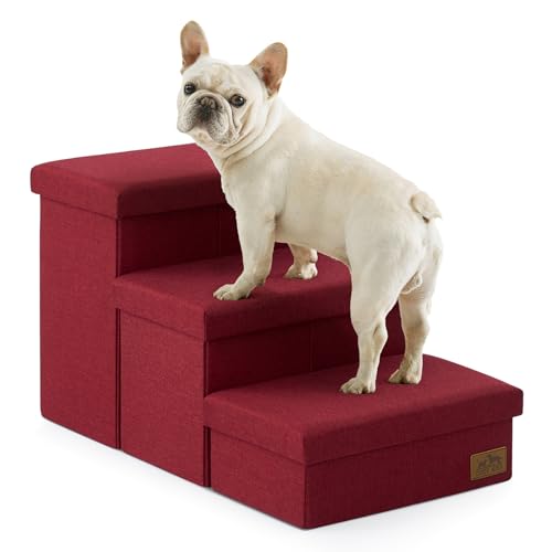 Image of Dog Stairs with Storage, 3-Step Wider Sturdy Dog Steps for Small /Medium /Large Dogs and Older Cats, Folding Doggie Ramp for Bed /Couch /Car Hold Up to 180 lbs (16.7 inch H, Burgundy)