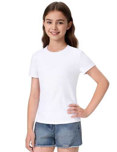 JOCMIC Girls Ribbed Athletic Shirts Crewneck Short Sleeve Tops for Teen Kids Slim Fit2
