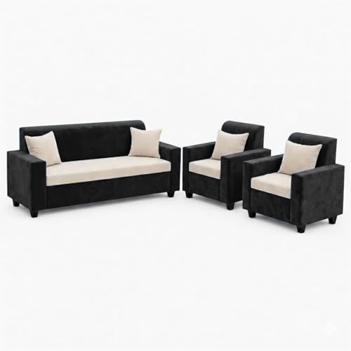Image of FURNY QualityWood 3 Seater + 1 Seater + 1 Seater Fabric Sofa Set (Cream-Black) with Velvet Finish | Durable Comfort | Ideal for Living Room