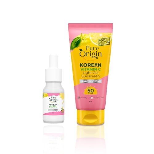 Image of Pure Origin Korean Vitamin C Bright Boosting Serum & Light Gel Sunscreen SPF 50 PA++++ Combo | Light Gel with No White Cast | Face serum for Brighter, Glowing and soft skin | For women and men | For all skin type | 60g