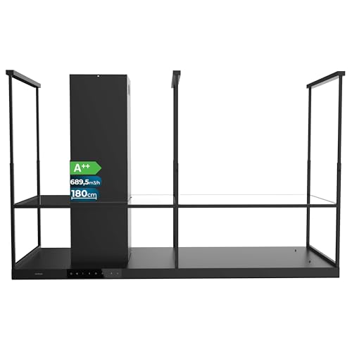 Cecotec Campana Extractora de Isla Bolero Flux CCT 1806900 Black A++. 1,8 Metros de Largo, Succión 689 m3/h, Motor DC, Sensor de Calor, Función Air Cleaning, Luz LED Regulable, Filtro de Carbono