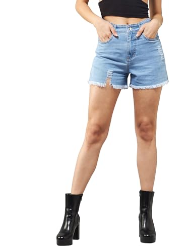Image of Dolce Crudo Women's Relaxed Fit Mid-Rise Denim Shorts with Adjustable Waist & Frayed Hem