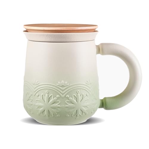 ZENS Tasse à Thé avec Infuseur et Couvercle (330 ML),Tasse en Céramique Gaufrée pour Thé en Feuilles avec Filtre Fin – Vert pâle avec Couvercle en...