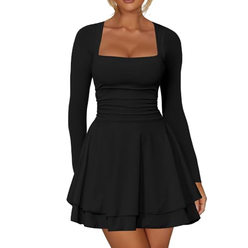 RPAEOY Vestido Mujer Manga Larga Sexy Volante Dobladillo con Cuello Cuadrado Bodycon Elegante Minivestido para Fiesta Noche Coctel (L)