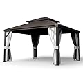 PAMAPIC 12'x14' Hardtop Gazebo Aluminum, Double Roof Canopy with Netting and Curtains,2-Tier Hardtop Gazebo with Galvanized Iron Aluminum Frame, GardenTent for Backyard, Parties, Garden, Brown