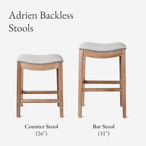 Image of Maven Lane Adrien Backless Counter Stool - Set of 2 - 26 Inches - Saddle Stool with Footrest - Natural Solid Wood Frame & Light Grey Fabric Upholstery - Perfect for Kitchen Islands & Counters