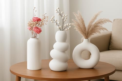 Image of SPHINX Set of 3 Modern White Ceramic Vases - Ribbed Cylinder, Pebble Stack, Donut Shape - Minimalist Home Decor Flower Vases for Pampas Grass, Living Room Table Centerpiece, Shelf Decor
