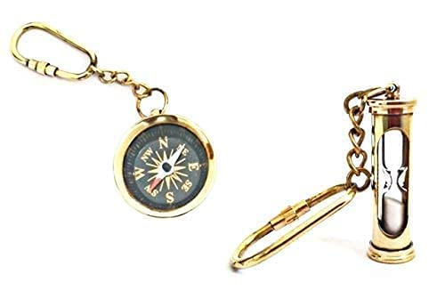 Combo Set of Brass Metal Magnetic Direction Compass Gold Keychain and Brass Sand Timer Hourglass Keychain Pure Brass Magnet Compass Key Chain Gift items By Venus mart-image-2