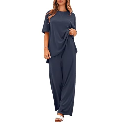 Totatuit Two Piece Sets For Women Summer Travel Vacation Airport Outfits Short Sleeve Oversized Loungewear Sets
