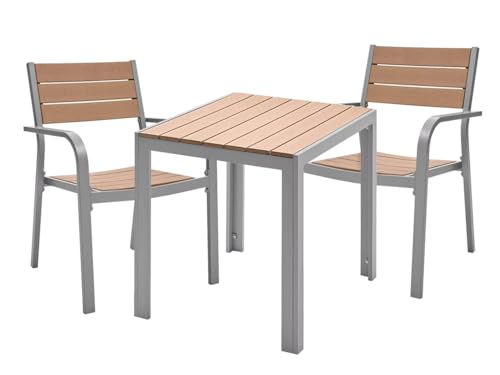 ASKON Gartengarnitur 3tlg. aus Aluminium und Non-Wood Teak-Optik, Stühle stapelbar, Sitzgarnitur mit 2 Gartenstühle mit Tisch, Poly-Holz