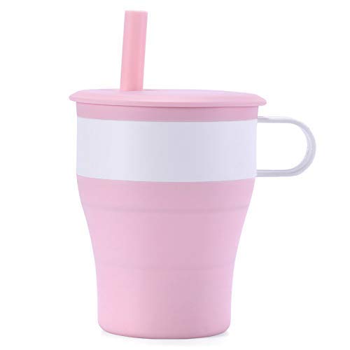 HANC Collapsible FDA Grade Silicone Mug Cup with Handle,Silicone Straw and Cover, Travel Coffee Cup,Water Cup,Reusable, Scale Inside,Pocket size-Pink