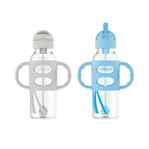 Image of Dr. Brown's Milestones Narrow Sippy Straw Bottle, Spill-Proof with 100% Silicone Handles and Weighted Straw, 8 oz/250 mL, Gray & Blue, 6m+