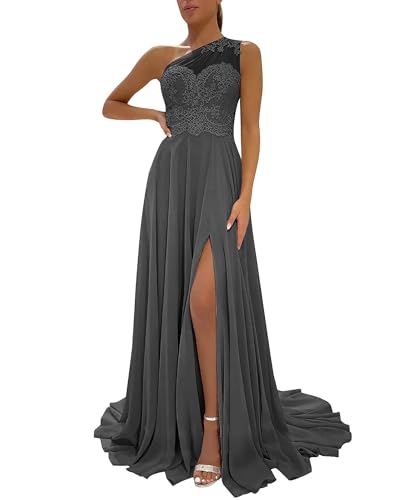 Image of LANGKAAO One Shoulder Lace Bridesmaid Dresses Long for Wedding A-Line Chiffon Slit Formal Party Gown with Pockets