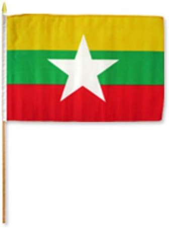 12''x18'' Wholesale Lot of 12 Myanmar (Burma) Stick Flag wood staff - Party Decorations Supplies For Parades - Prime Outside, Garden, Men Cave Decor Flag