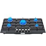 Gaskochfeld mit 5 Brennern,Einbau Gasherd aus Glas,220-240V ,Gasherd 90cm, Schwarz Gaskochfeld mit Automatischem FlammenschutzGas Stove für Erdgas oder LPG