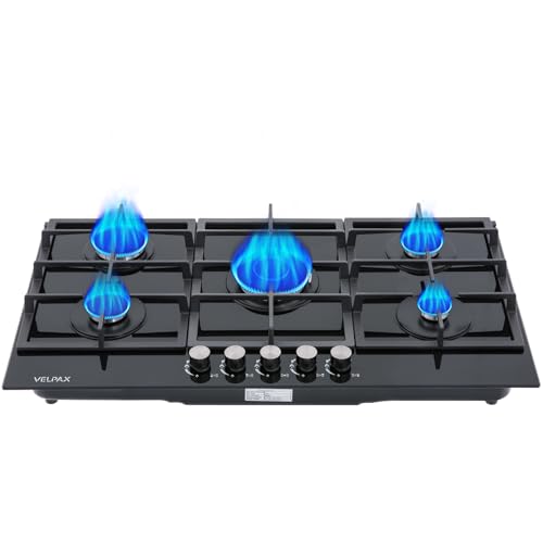 Placa de Gas 5 Fuegos, Placa de Cocción Empotrada, NG/LPG convertible, Encendido Eléctrico, Sistema Seguridad, Parrilla Hierro Fundido