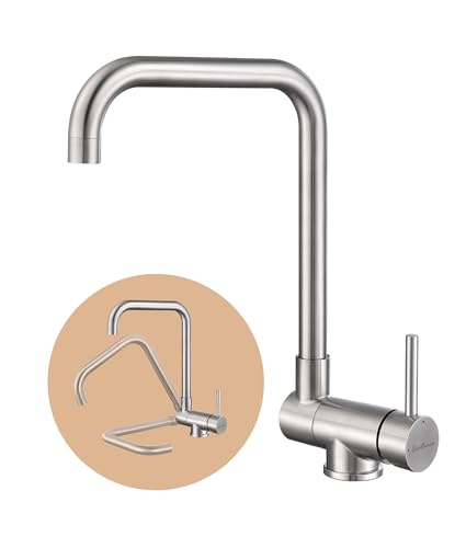 Baollansa Robinet de cuisine pliable à haute pression en acier inoxydable rotatif à 360° avec douchette et mitigeur longue durée