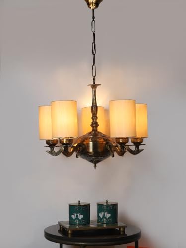 Image of Devansh 05 Lights Round Off-White Cotton Shade with Antique Golden Chandelier