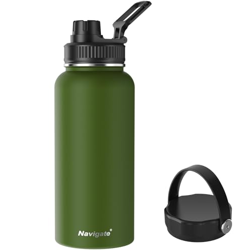 Navigate 32 oz Insulated Stainless Steel Sports Water Bottle with Spout & Handle Lids,Wide Mouth Water Jug with Double Walled Leak Proof Keep Cold for 24 Hrs Hot for 12 Hrs,Dark Green
