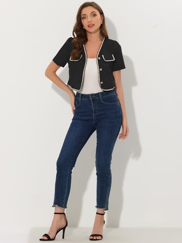 Allegra K Tweed Jacket for Women's Cropped Collarless Contrast Trim Short Sleeve Blazer4