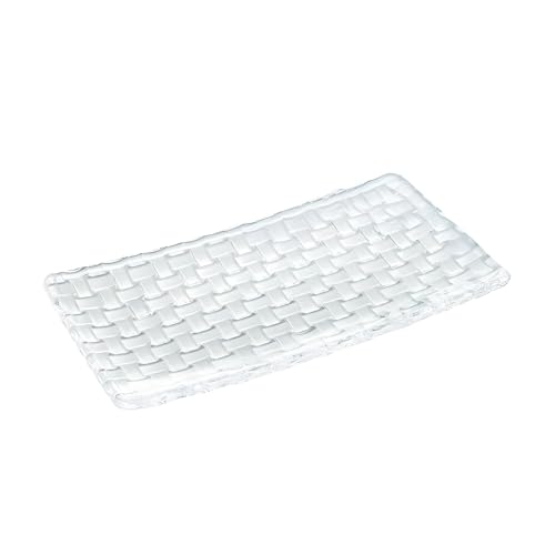 Image of Glassbunny Crystal Glass Rectangular Serving Tray 11 inch Elegant Grid Relief Long Clear White Serving Plate for Appetizer, Food, Sushi, Snack, Fruit, Cake & Dessert