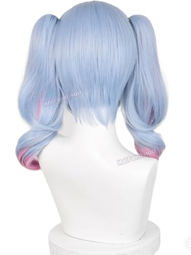 Image of Haze Blue and Pink Anime Ponytail Wig with Bangs Light Blue Curly Twin Tail Lolita Rabbit Singer Costume Wigs for Women Halloween Party Daily