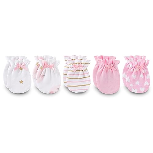 Ecojoy Newborn Baby Elastic Scratch Mitten 5 Pcs Tiny Baby Boy and Girl Gloves Scratch Mits 0-6 months Pink Bunny