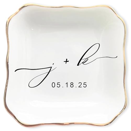 LullabyMall Custom Engagement Ring Holder Ring Dish, Custom Wedding Gifts for Couple, Bridal Shower Couple Jewelry Tray, Monogrammed Engagement Wedding Gifts for Bride 2