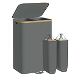 SONGMICS Wäschekorb mit Deckel, Wäschesammler, Wäschesortierer, Wäschetonne, Wäschesack herausnehmbar, Bambusrahmen, für Waschküche, Schlafzimmer, 2 Fächer, 150 Liter, schiefergrau LCB532GN01