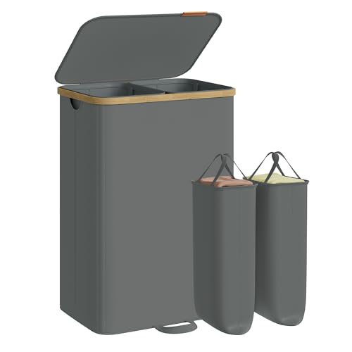 SONGMICS Wäschekorb mit Deckel, Wäschesammler, Wäschesortierer, Wäschetonne, Wäschesack herausnehmbar, Bambusrahmen, für Waschküche, Schlafzimmer, 2 Fächer, 150 Liter, schiefergrau LCB532GN01