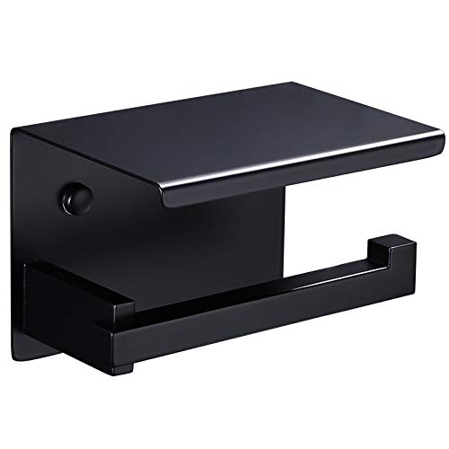 YIGII Portarrollos Para Papel Higinico Adhesivo - PortarrollosBaoNegro Matt Porta Rollos de Papel Higienico Acero Inoxidable con Estante de Almacenamiento