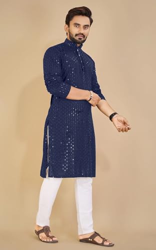 Image of Men's Lakhnawi Chikankari Kurta Set Cotton Ethnic Kurta Pajama for Men Wedding Festive Designer Indian Outfit Stylish Embroidered Kurta Set